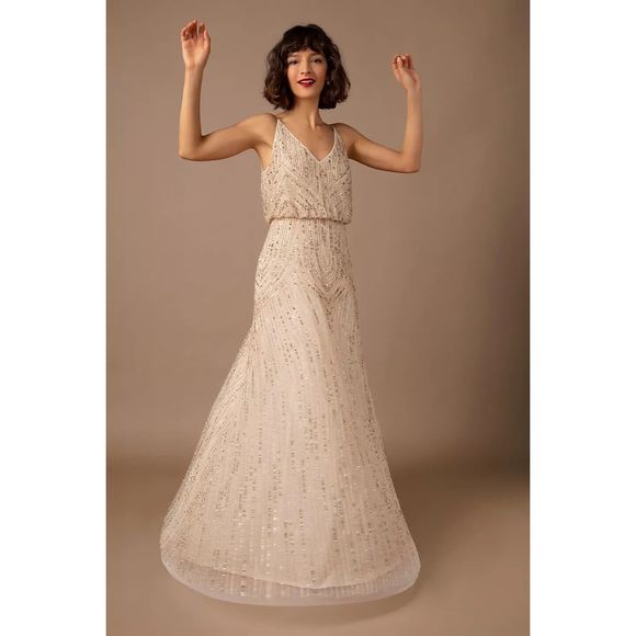 chinese dress ladies Amalfi Gown Silver Beaded Sheer Long Evening Dress